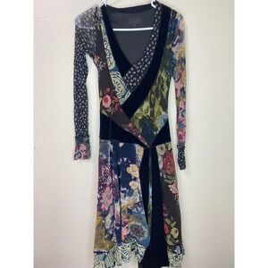 Fuzzi Mesh Patchwork Floral Velvet Trim V Neck Midi Dress Multicolor Size M